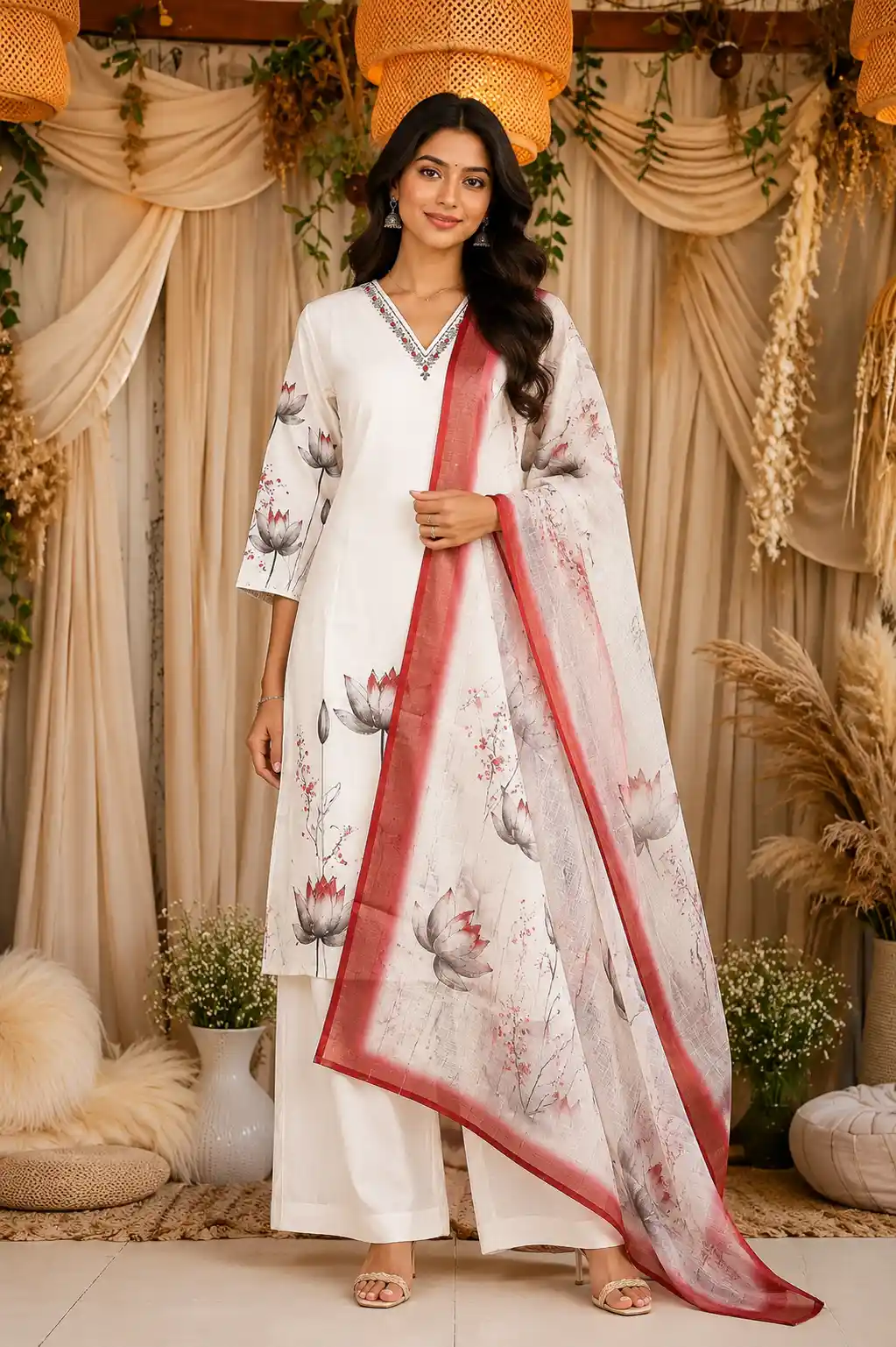 Off-White Floral Printed Cotton Salwar Suit